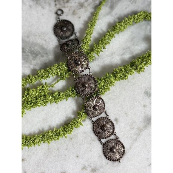 Antique Victorian Sterling Silver Filigree Flower Link Bracelet - Picture 2 of 9